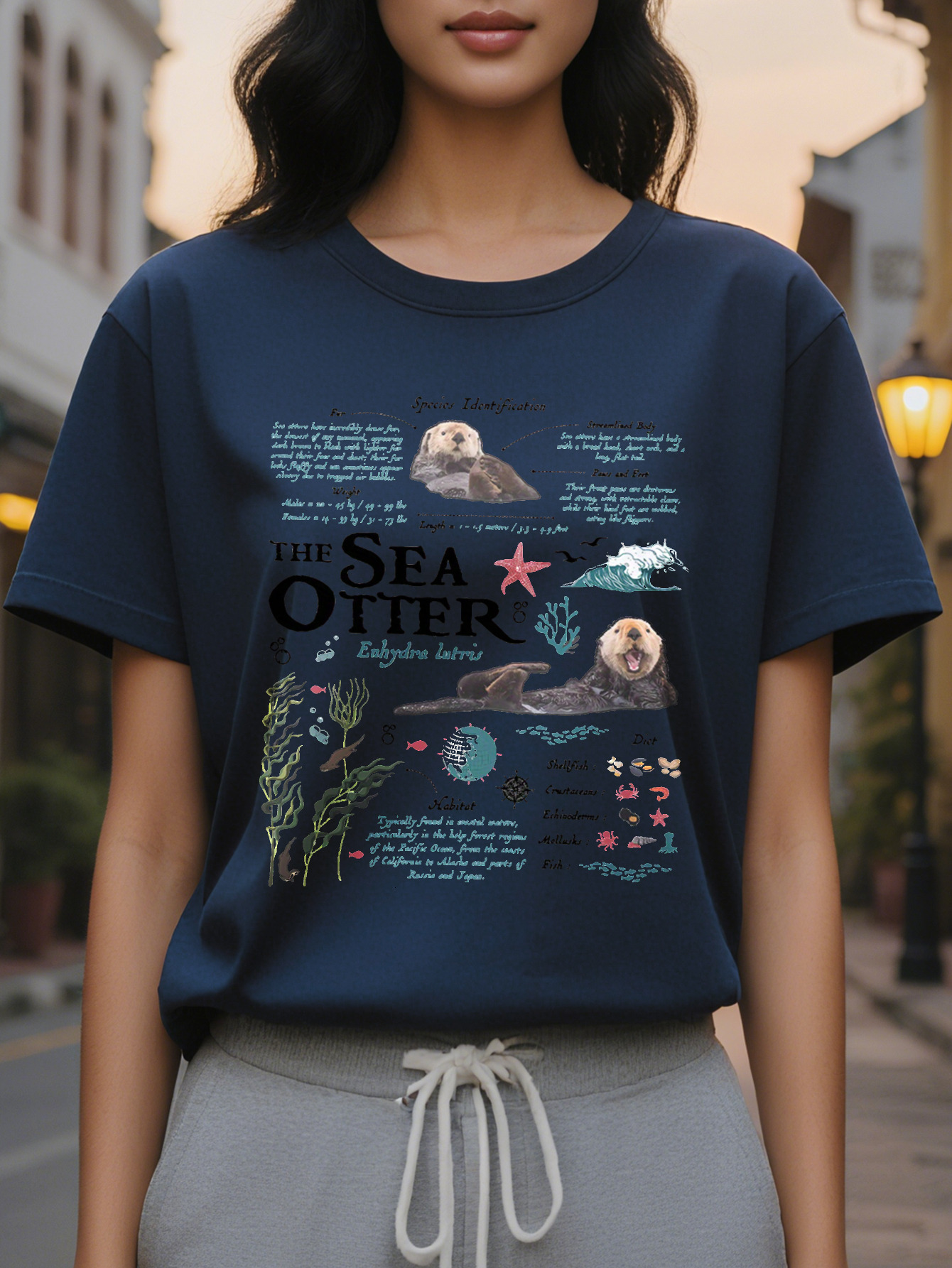 Women's Casual Sea Otter Print T-Shirt Round Neck Slim Fit Version Cotton Spring and Summer Regular Length