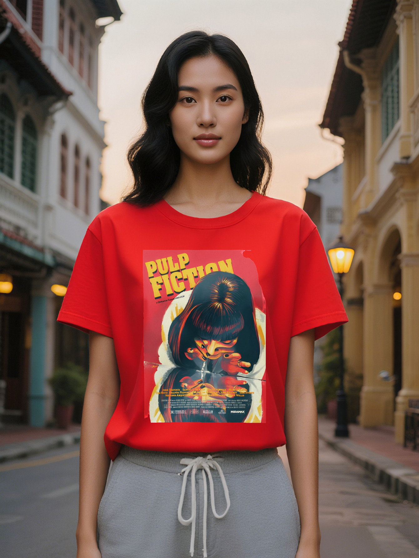 Large XL Black Graphic Lady Casual T-Shirt Pulp Fiction Art Print with Female Character Design, Washable, Regular Fit, Gift, Plus Size