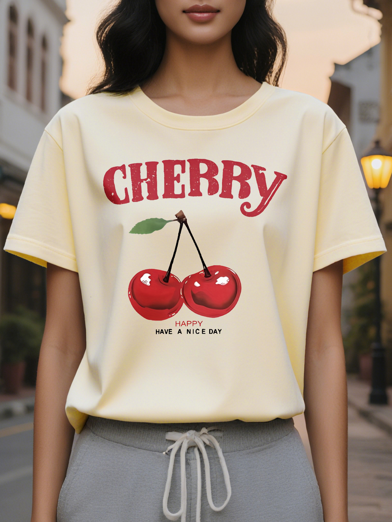 Large XL Women's Slim Fit Short Sleeve T-Shirt Cherry Print with Bold Red Lettering Have a Nice Day Slogan Light Yellow Plus Size