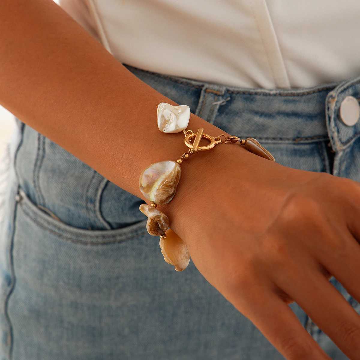 PuRui Boho Imitation Pearl Orange Geometric Stone Chain Bangle Rantic Wen OT Buckle Summer Ocean Beach Pendant Bracelet Y250904