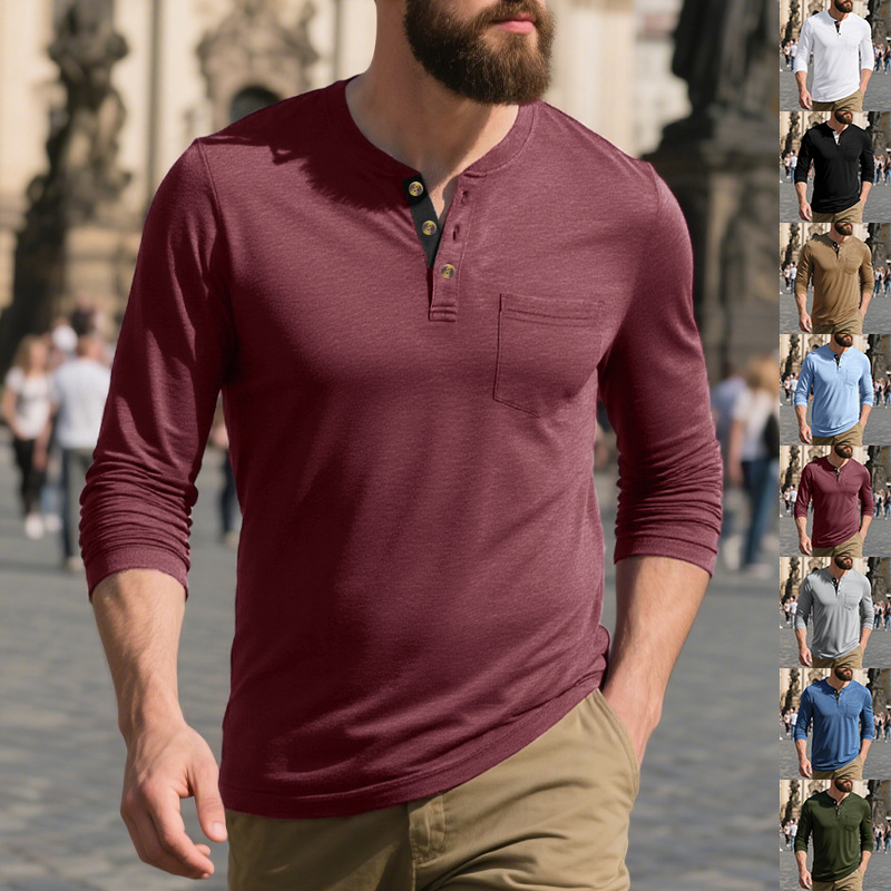 Men's Long Sleeve T-Shirt Henley Top Round Neck Casual Undershirt Base Layer Shirt for Men European size: S-3XL
