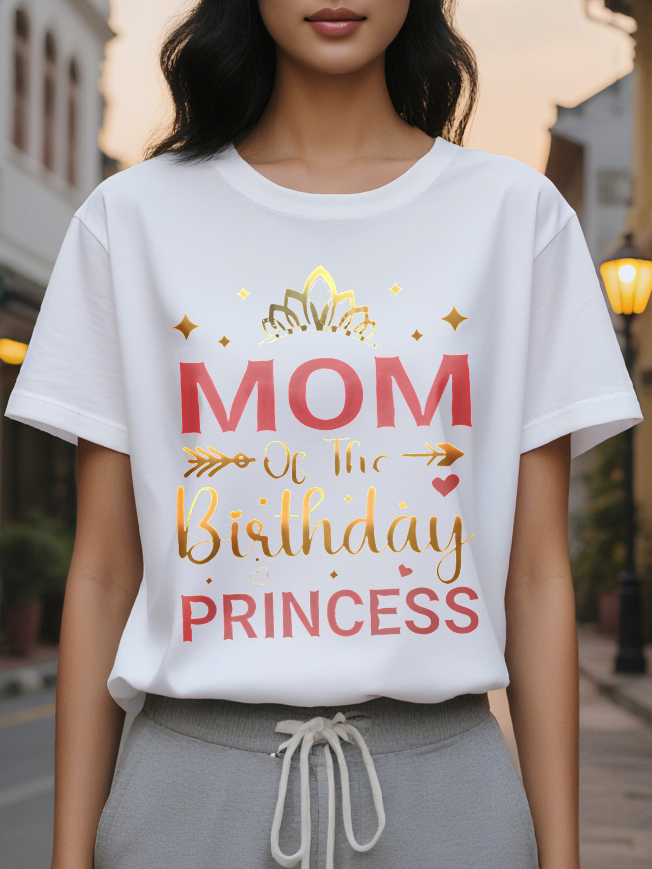 Large XL Women's Short Sleeve Crew Neck T-Shirt Mom Birthday Princess Crown Letter Print Black with Pink Golden Accents Plus Size