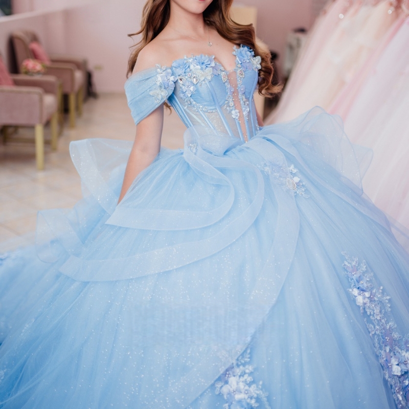 Sky Blue Shiny Princess Off the Shoulder Sweet 16 Dress Quinceanera Dresses Applique Flower Beads Tull Party Birthday Vestidos 15 De Anos
