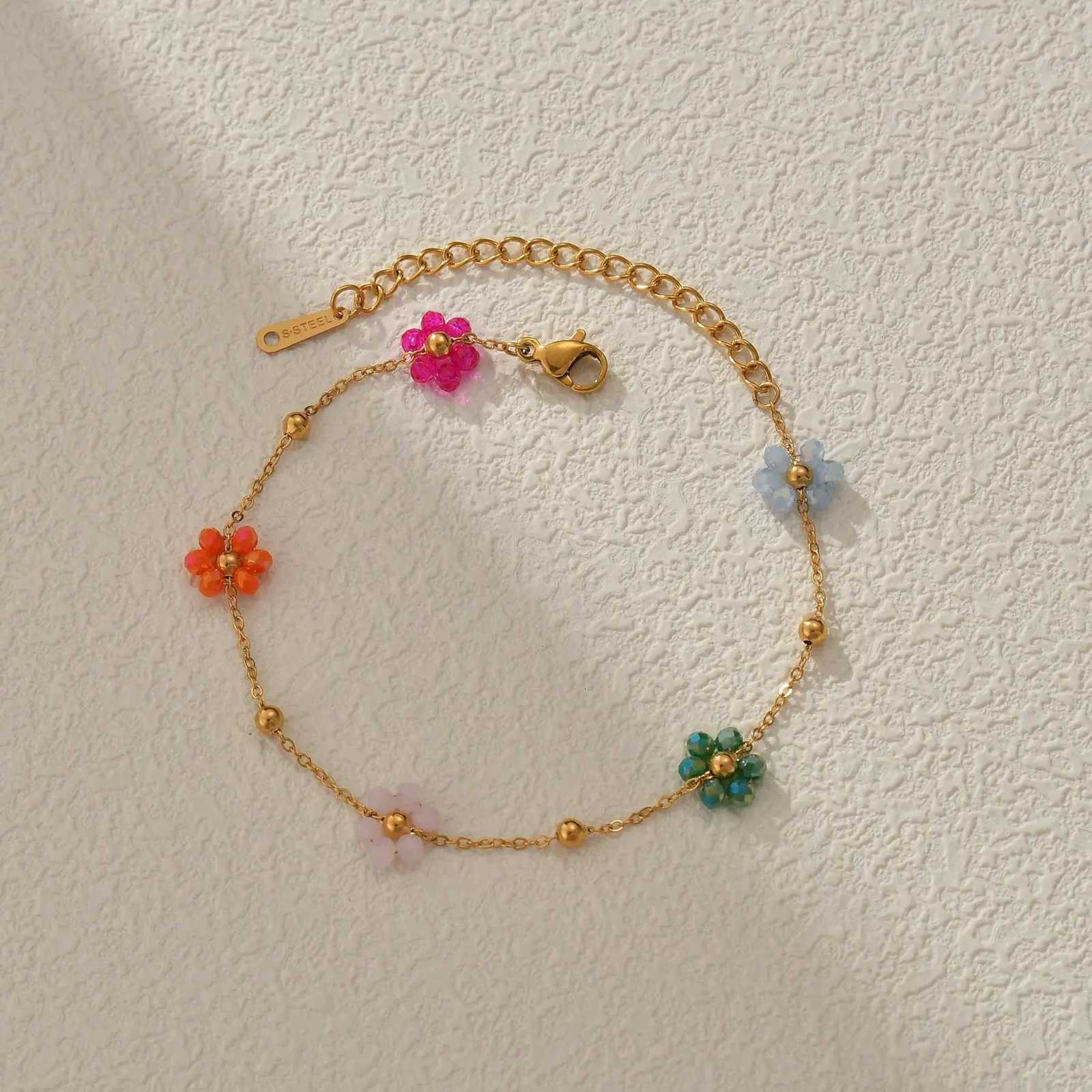 Freeteeme Fashion Colorful Flower Bracelet for Women Girls Stainl Steel Jewelry Gold Color Beads Chain Valentines Day GiftXJ250904