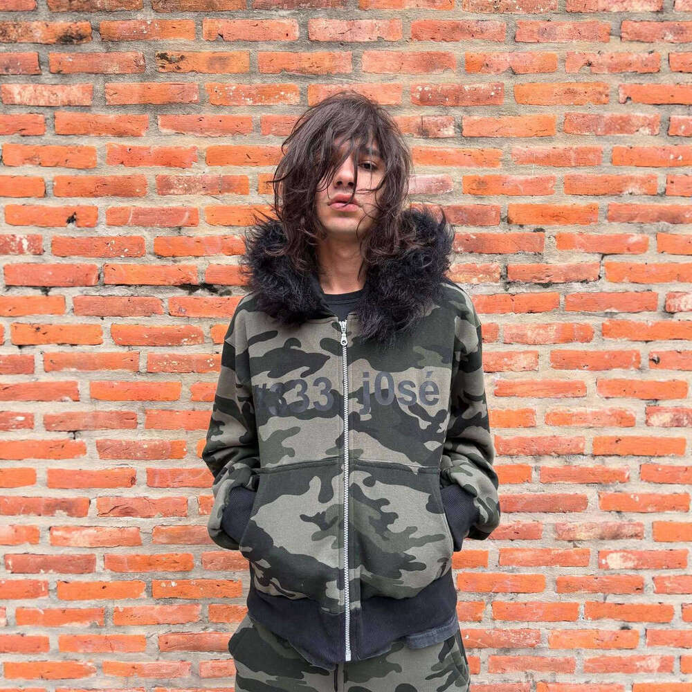 Winter Y2K Camouflage Fur Collar Hoodie Letter Print Fashion Street Style Warm Unisex Set