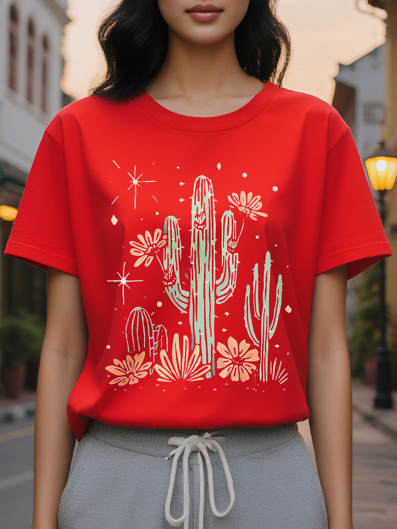 Cactus Printed Women's Summer Dress Combination Version Round Neck T-shirt
