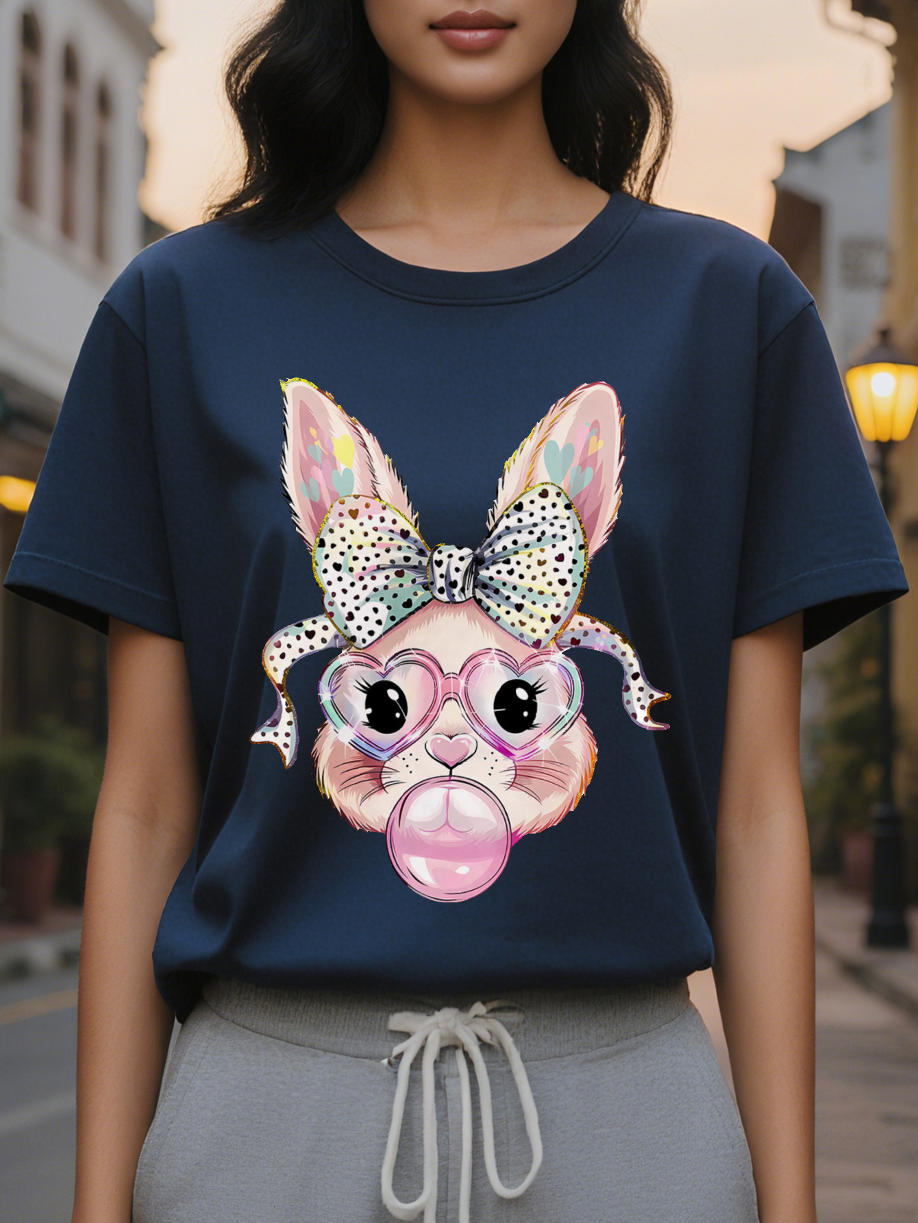 Women s Bubble Rabbit Easter Pattern Short Sleeve T Shirt Interesting Polka Dot Design with Glasses and Bow Breathable