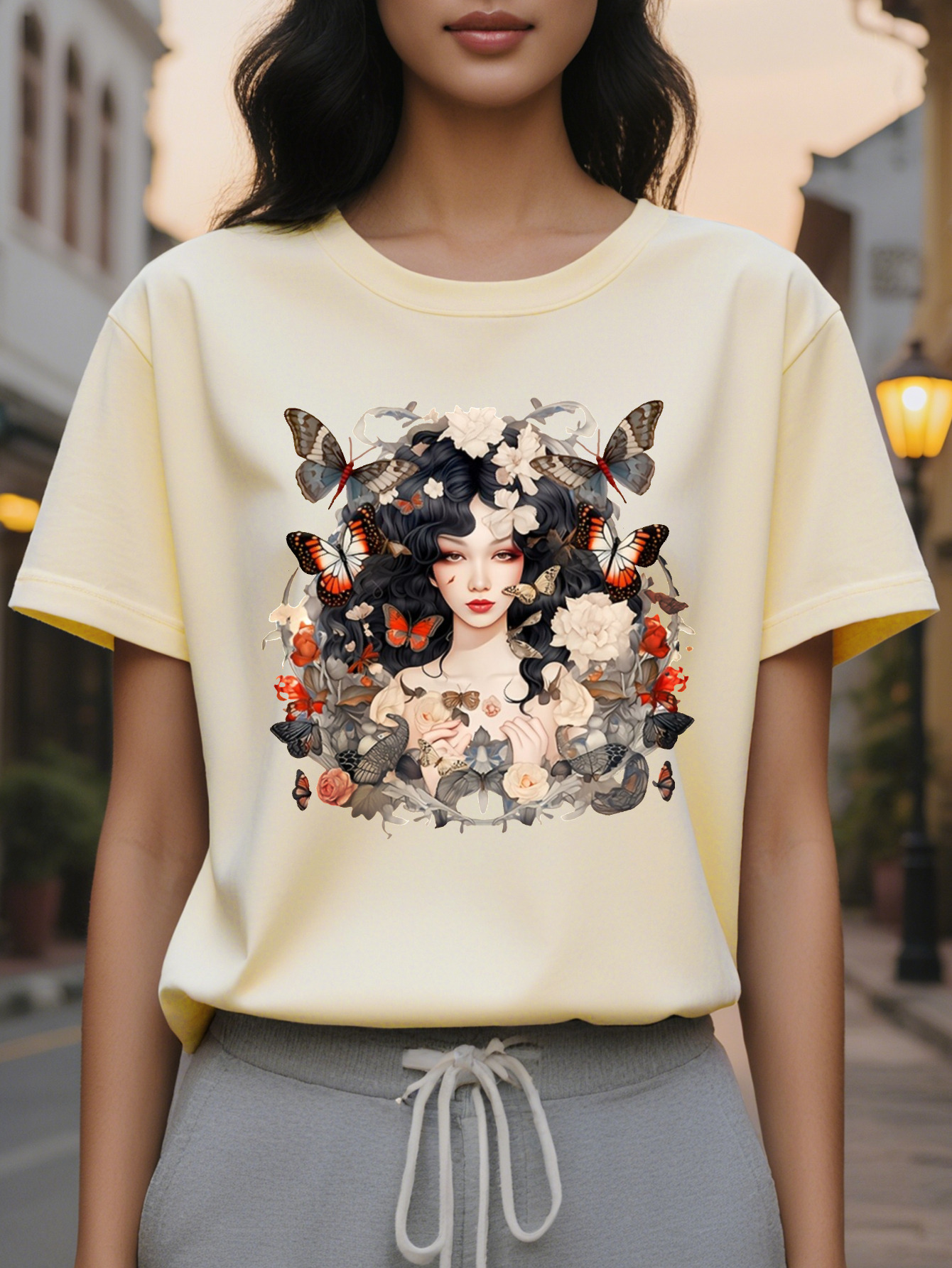 Ladies Butterfly Floral Print T-Shirt Lightweight Square Meters Cotton Fiber Round Neck Short Sleeve Top