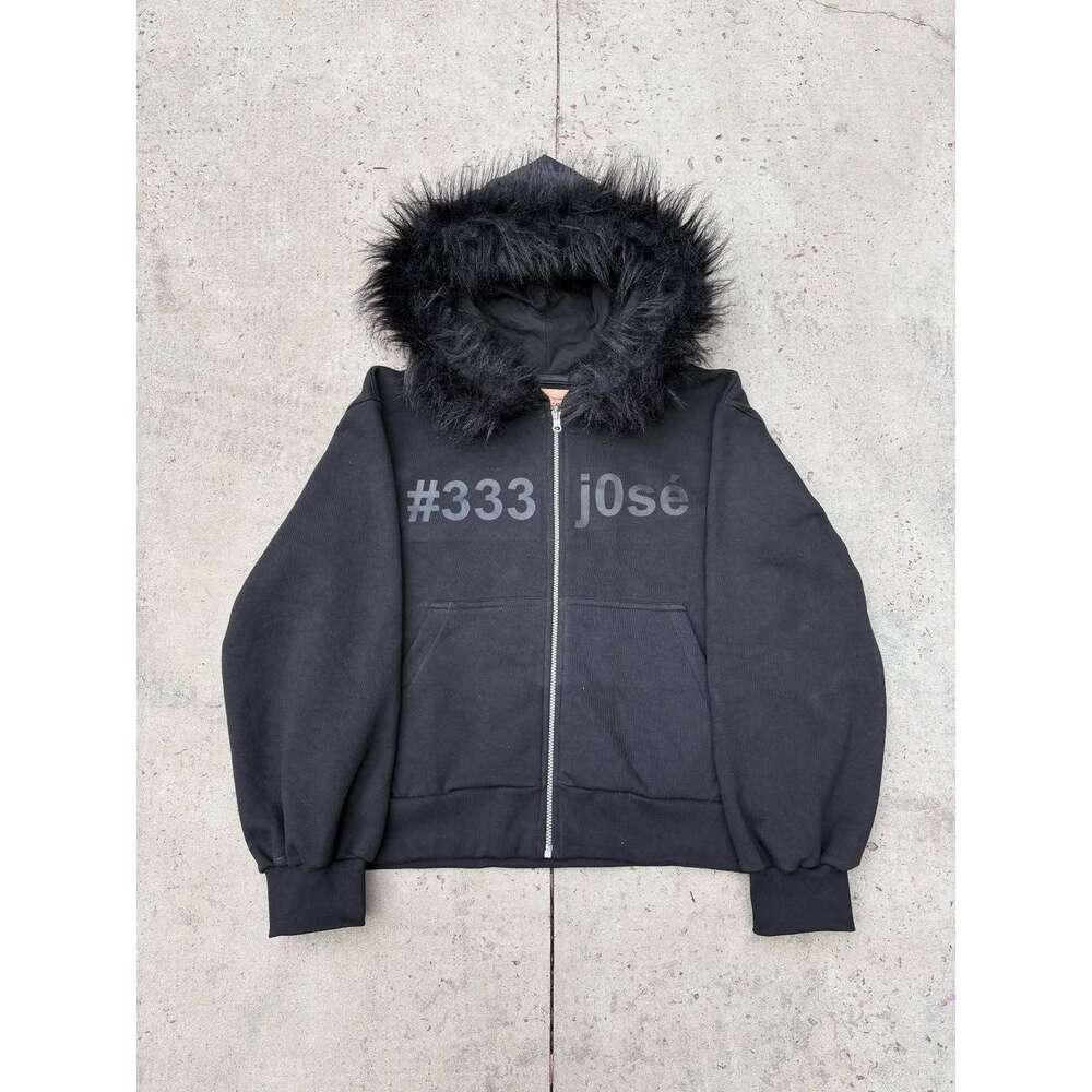 Winter Y2K Camouflage Fur Collar Hoodie Letter Print Fashion Street Style Warm Unisex Set