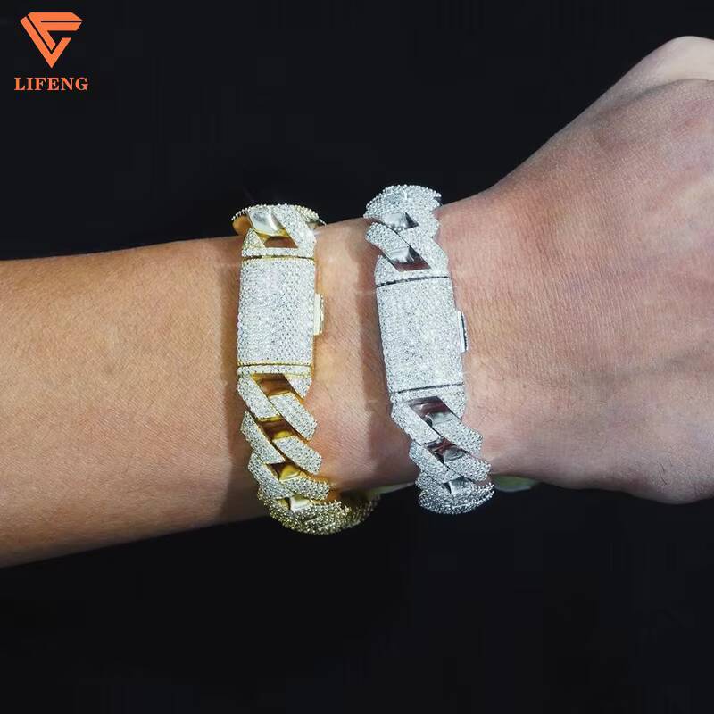 White Gold Plated 925 Sterling Silver VVS Moissanite Diamond Cuban Link Chain Bracelet Iced Out Mossanite Jewelry for Men