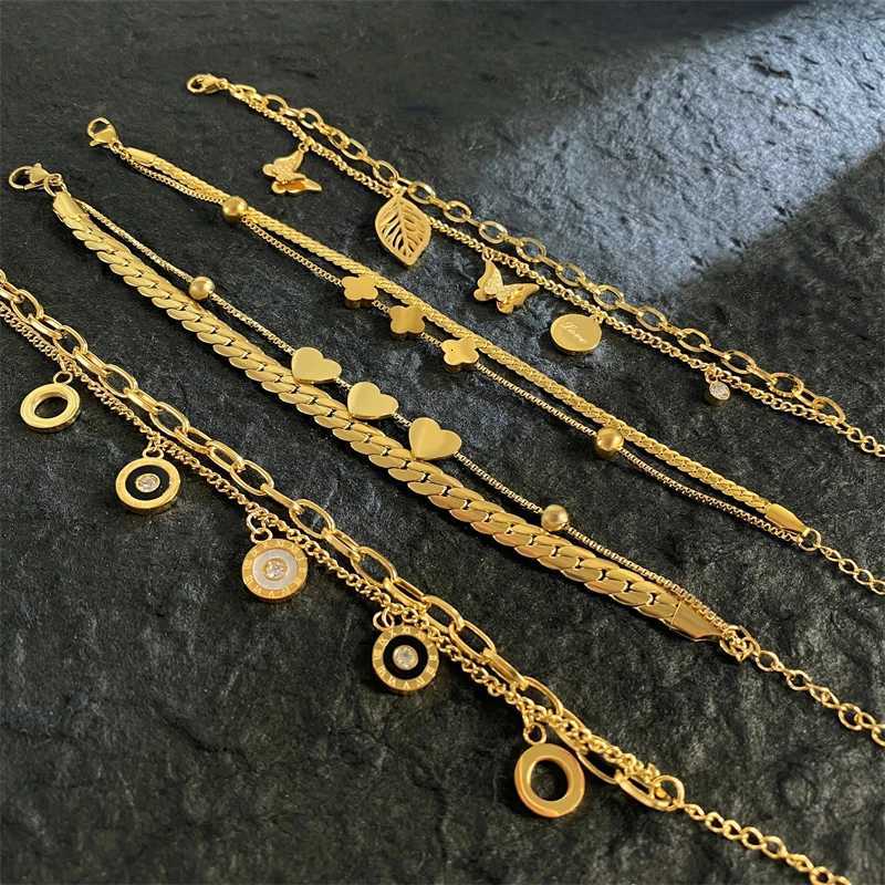 18K Goldplated Stainless Steel Bracelets for Women Luxury Brand Quality Double Layer Round Pendant Bracelet Jewelry Y250904