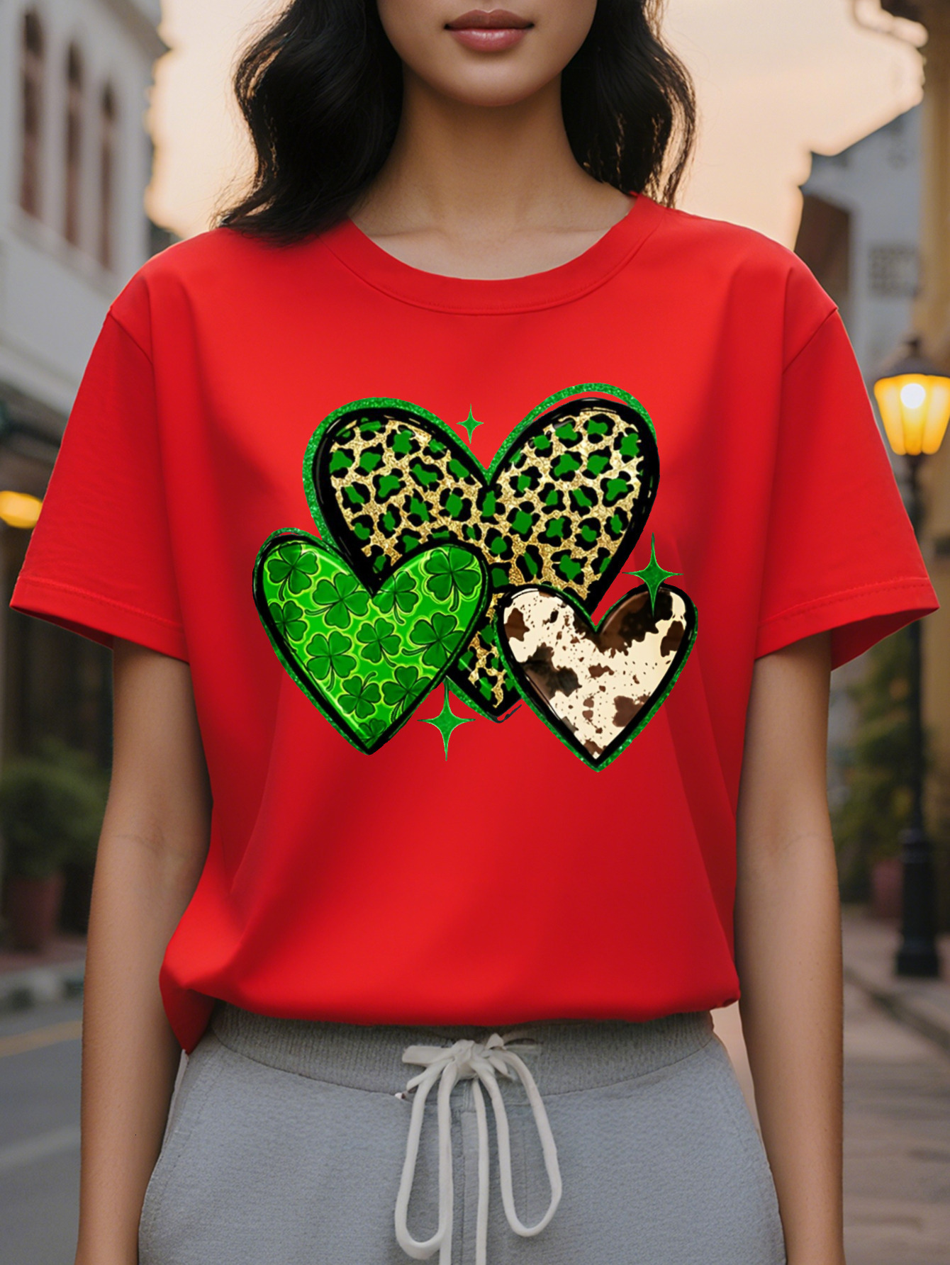 St Patrick's Day T-Shirt Clover Heart Print Short Sleeve Crew Neck Top for Spring Summer Women's Clothing