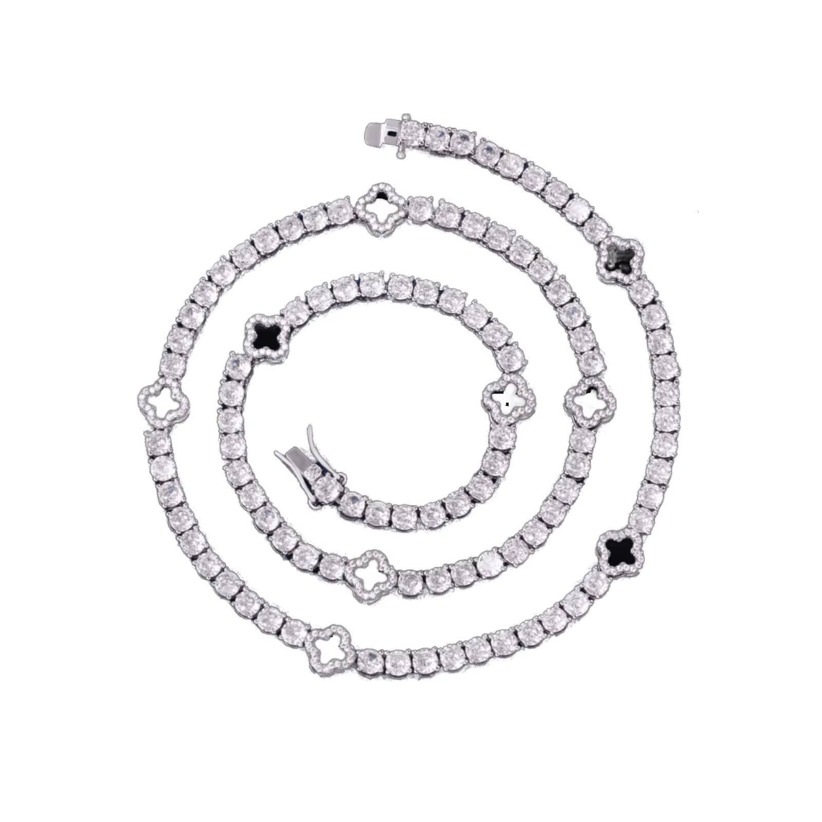 Fashion S925 Silver Tennis Bracelet 345mm Mossanite Natural Black Agate Onyx Clover Tennis Chain Gold Sterling Silver Jewelry