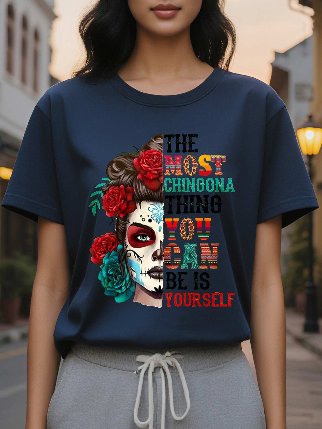 100% Cotton American Fashion Printed Round Neck Short Sleeve T-shirt Women's Spring and Summer New Slim Fit