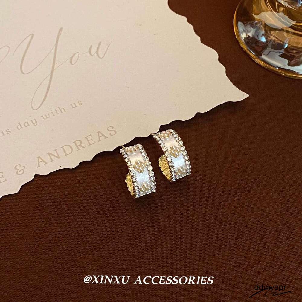 C-Shaped Pearl Earrings - Gold Plated Geometric Ddmyday Hoops With Zirconia Accents | Korean Fashion Minimalist Ear Jewelry For Women Ddmyday