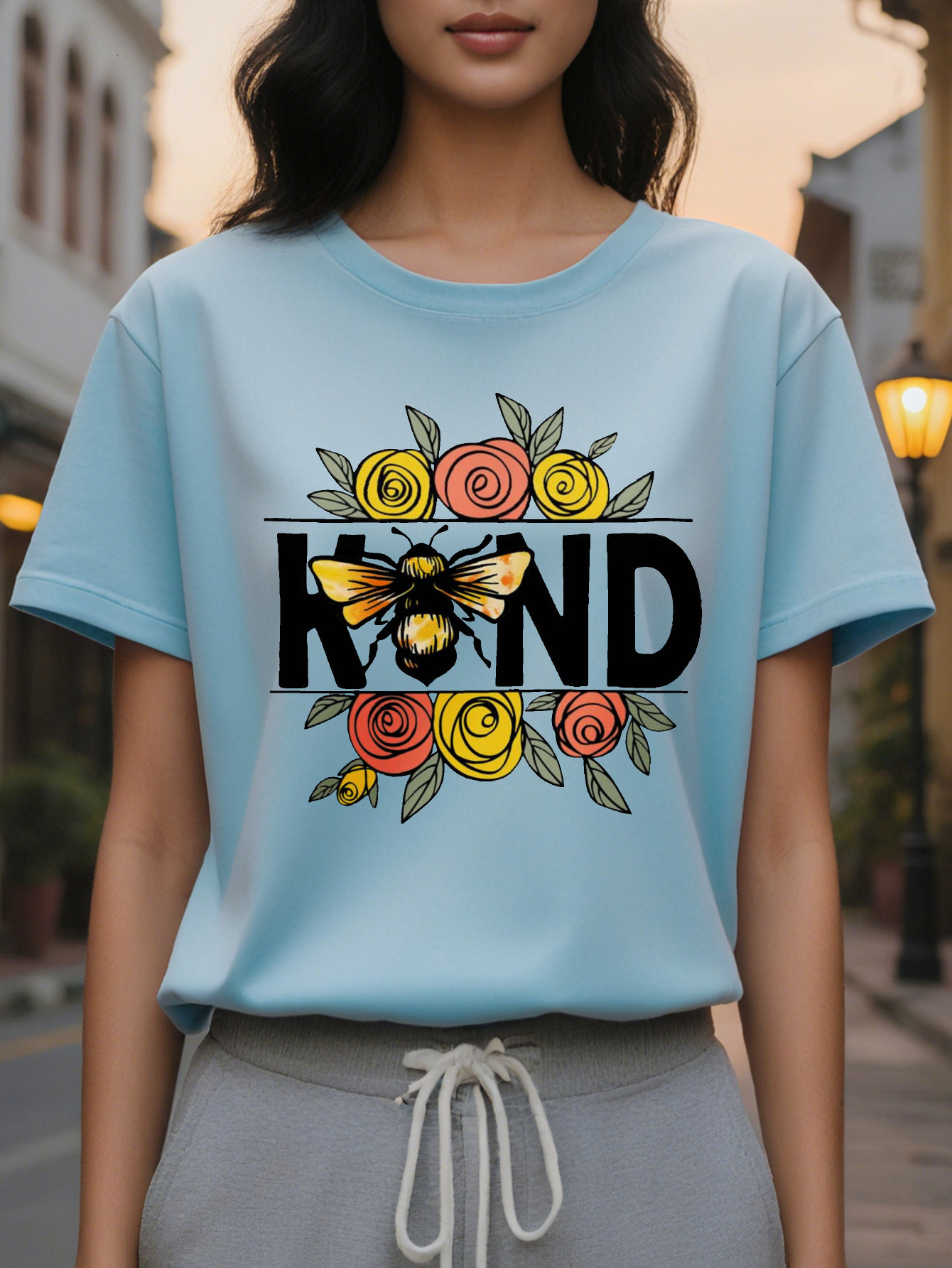 Women's Be Kind T-shirt elegant round neck sleeve top with colorful bee flower rose design soft cotton