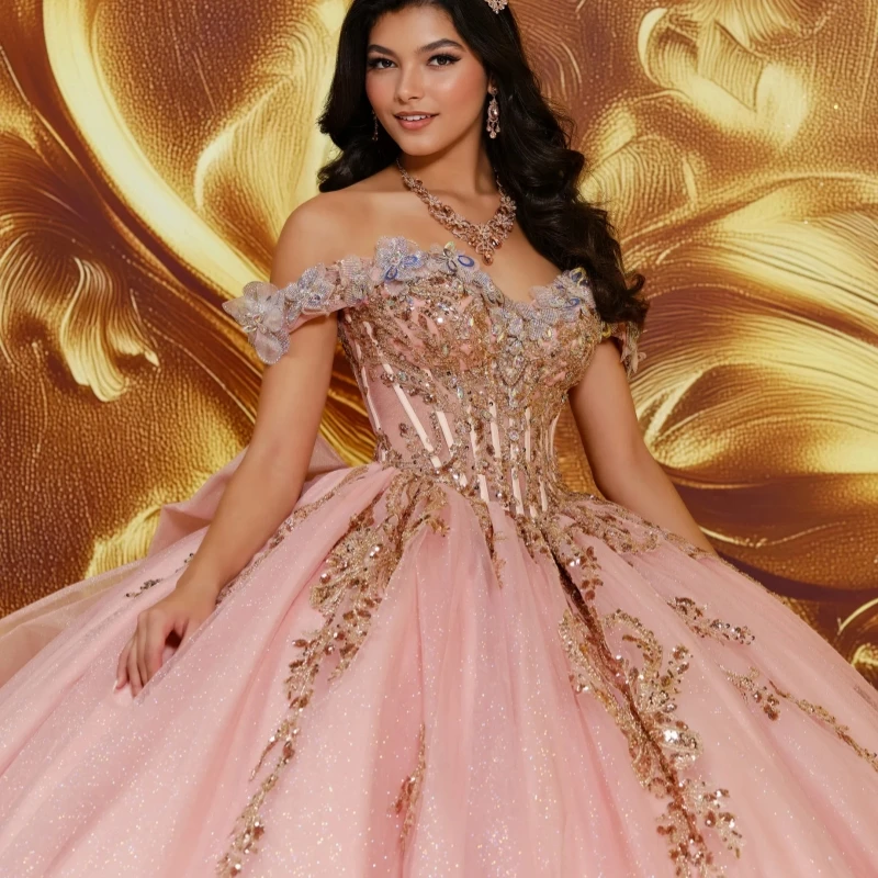 Pink Shiny Quinceanera Dresses Ball Gown Off The Shoulder Gold Applique Beading Crystal Bow Corset Tull Sweet 16 Dress Vestidos 15 De Anos