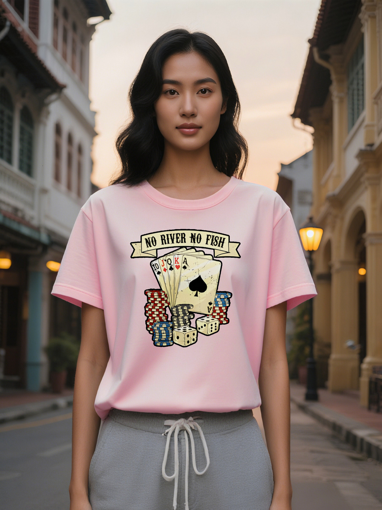 Large XL Casual Versatile Round Neck T-shirt Banner Poker Card Black Ace Print Pattern Top Lady Gift Plus Size