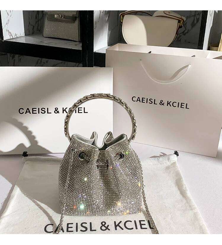 Designer Women's Handbag Rhinestones Dias Evening Clutch Glitter Shiny Bucket Purse Wedding Party Crossbody Bag