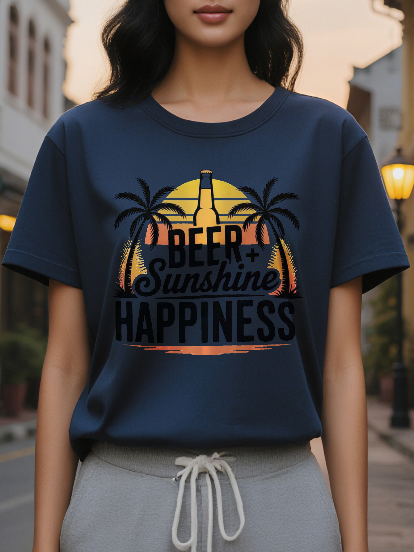 Scoop Neck Cotton Blend Yellow Beach XL XXL Ladies' Female Shirt