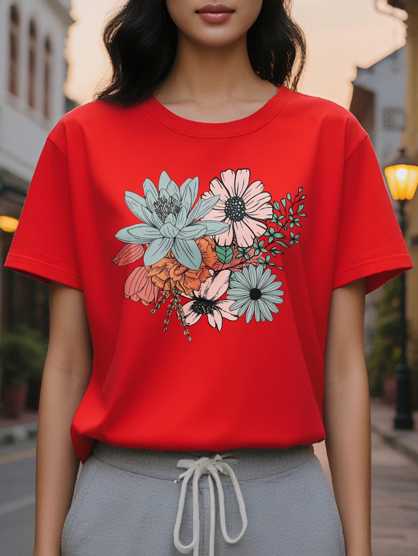 Large XL Women's T-Shirt Beige Blush Pink Floral Print Soft Casual Top Washable Round Neck Shirt for Women All Seasons Plus Size