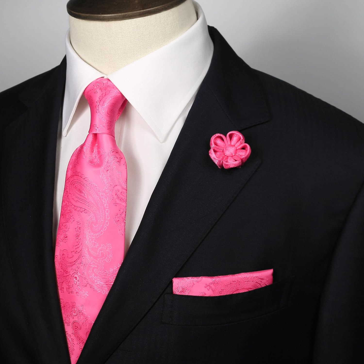 Tie Light Grey Ties for Men Paisley Neckties and Pocket Squares Set with Flower Lapel Pins for WeddingsW250904