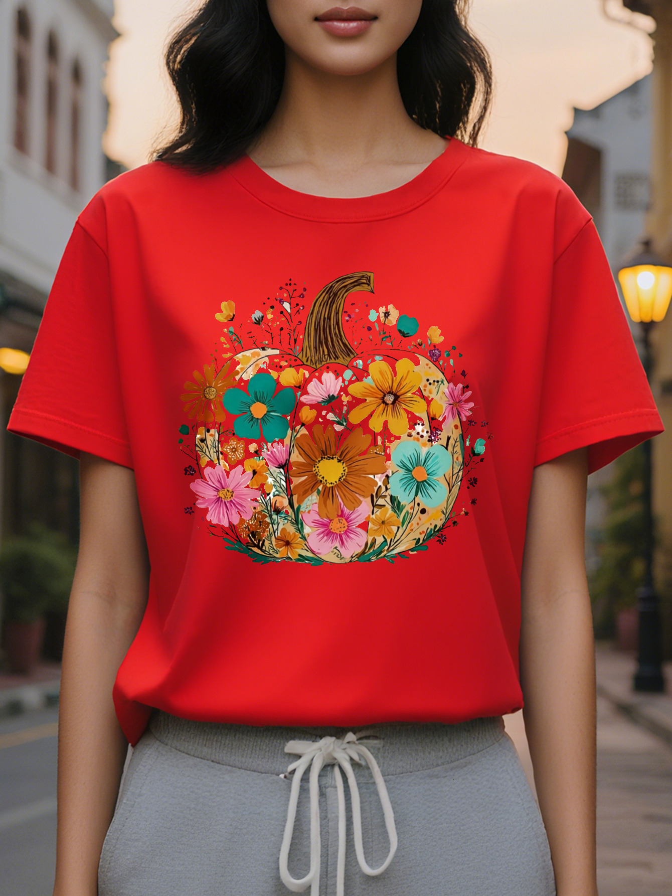 T Shirt Beige Background with Floral Pumpkin Soft Neck Casual Everyday Party Top for Autumn Year Round Wear