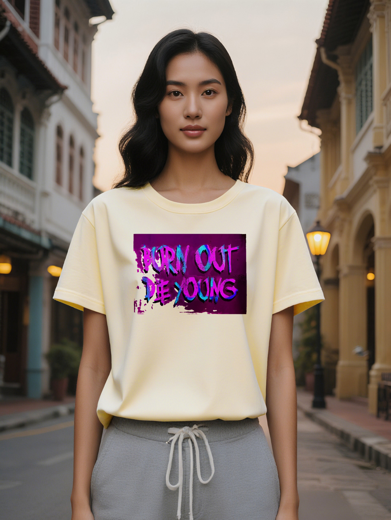 Lady Casual Crew Neck T-Shirt with Burn Out Die Young Graphic Black Lightweight and Breathable Perfect for Summer