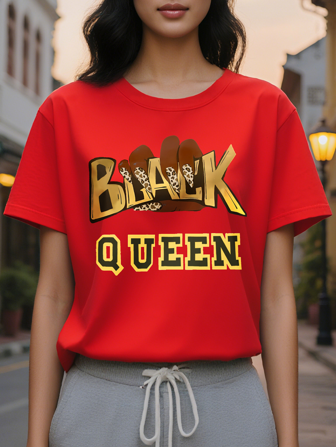 Large XL Women S Black Queen Graphic T-Shirt Beige Crew Neck Tee with Bold Golden Lettering Casual Everyday Formal Outfits Plus Size
