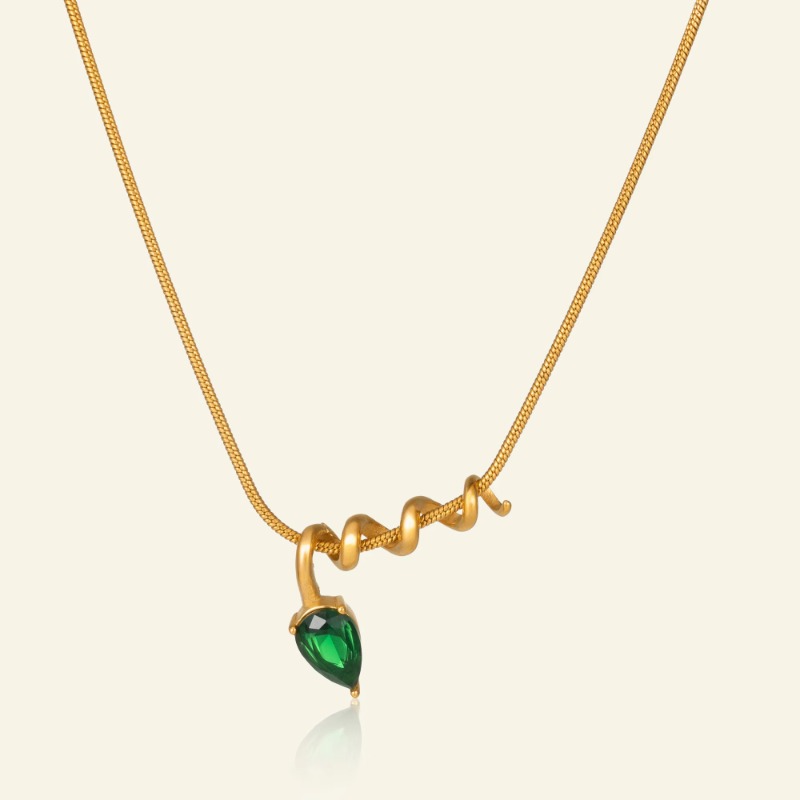 Designer Jewellery High Quality 18K Gold Plated Stainless Steel Boho Style Tear Zircon Necklace with Screw Motif for Special Occasions Textured Gift A