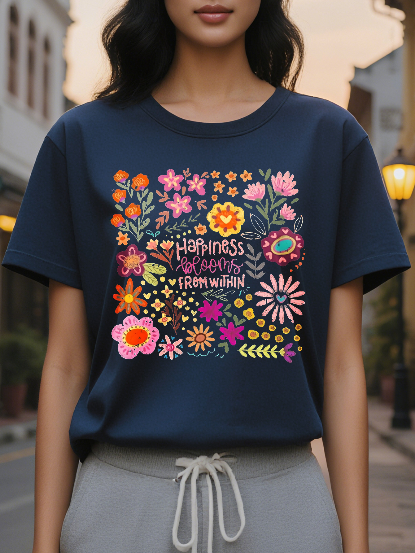 Large XL Women S Casual Floral Print Round Neck Short Sleeve T-Shirt Happiness Is Within Motivational Quote Dark Gray With Plus Size