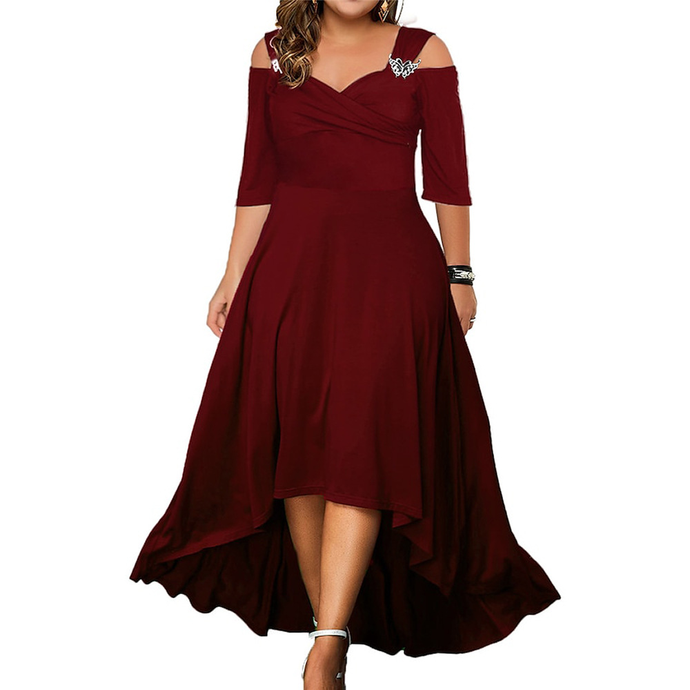 L3812European and American solid color sexy off-the-shoulder long swing dress summer plus size women's long skirt