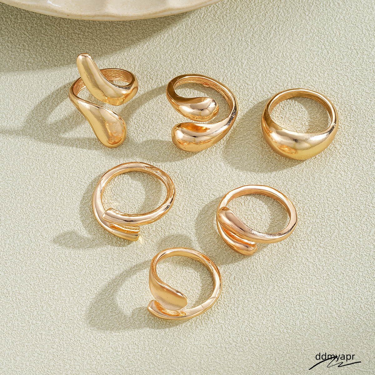 Explosive Irregular Droplet Niche Metal Texture Smooth Exaggerated Geometric Opening Ring, 6-Piece Ddmyday Set Ddmyday