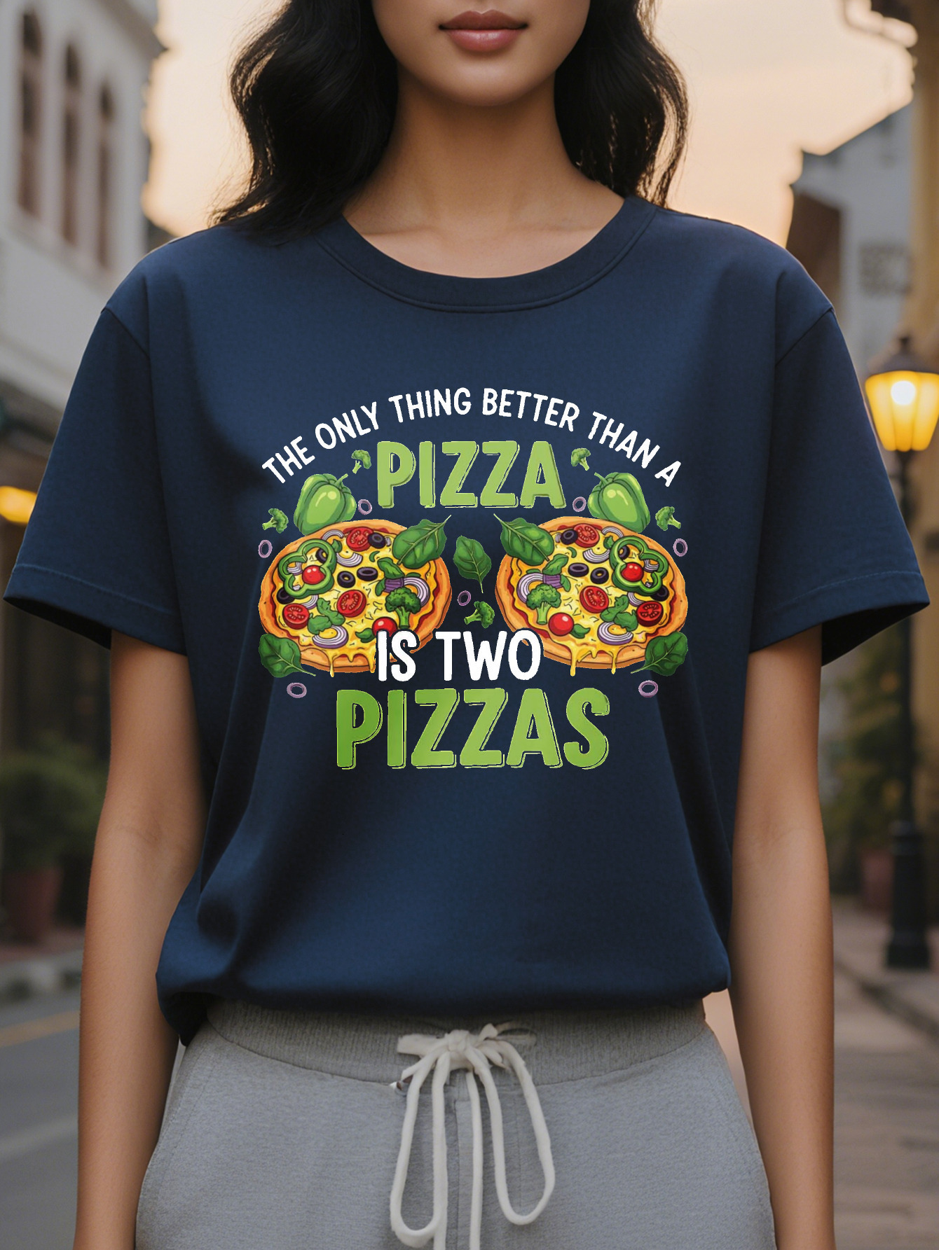 Women's Fun Lover T-shirt Pizza is my love language Two pizzas with pepperoni vegetable design Casual round