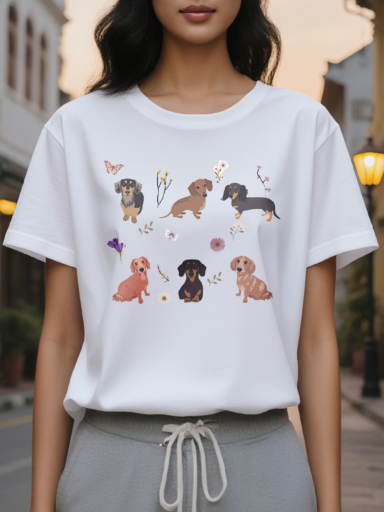 Dog American Print Pattern Fashion Round Neck Short Sleeve T-shirt Spring and Summer New Slim Fit Slimming Women's Top