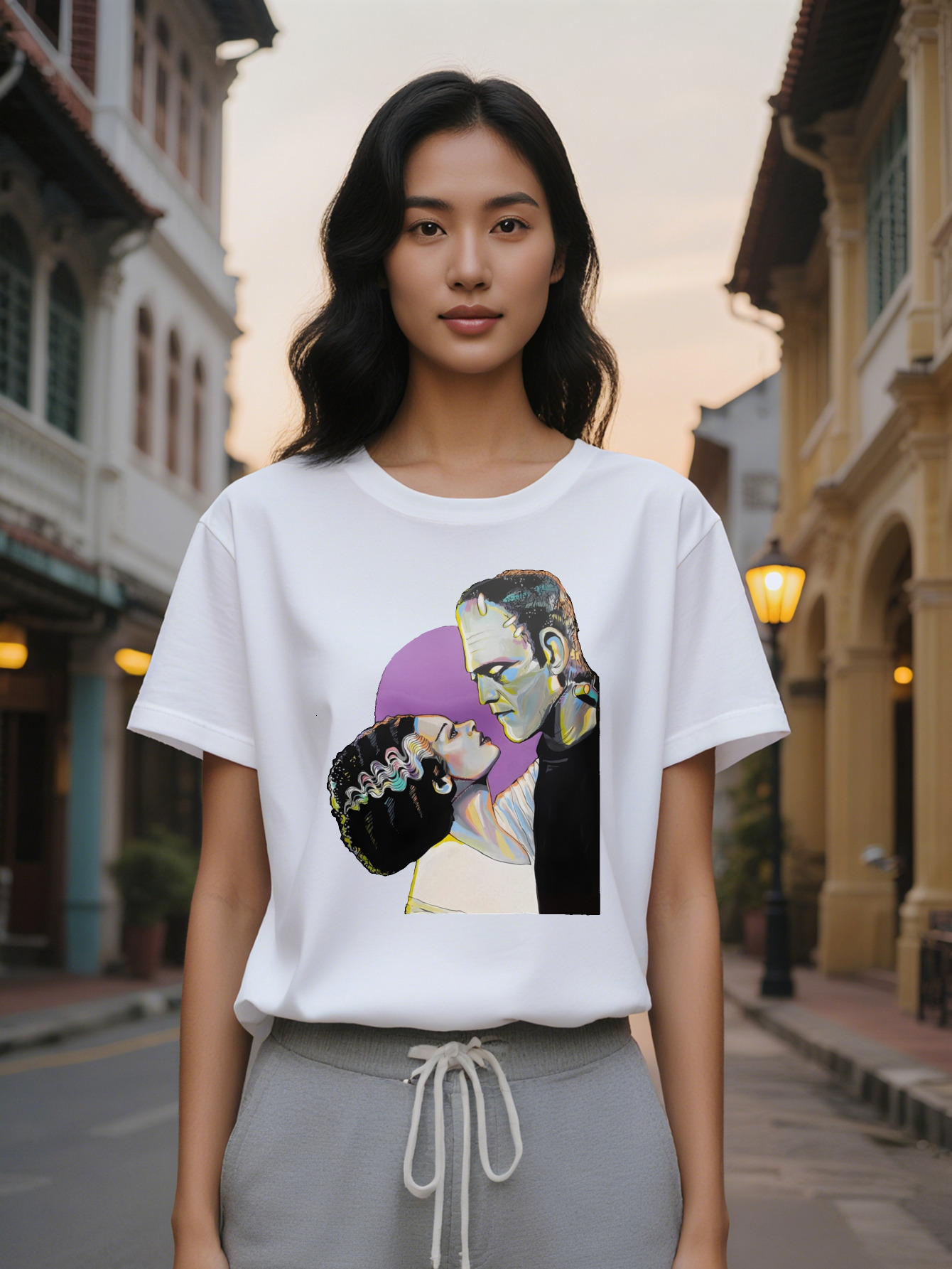 Lady Casual Graphic T-Shirt Frankenstein Bride Monster Print Black Round Neck Summer Tee Washable Pop Culture