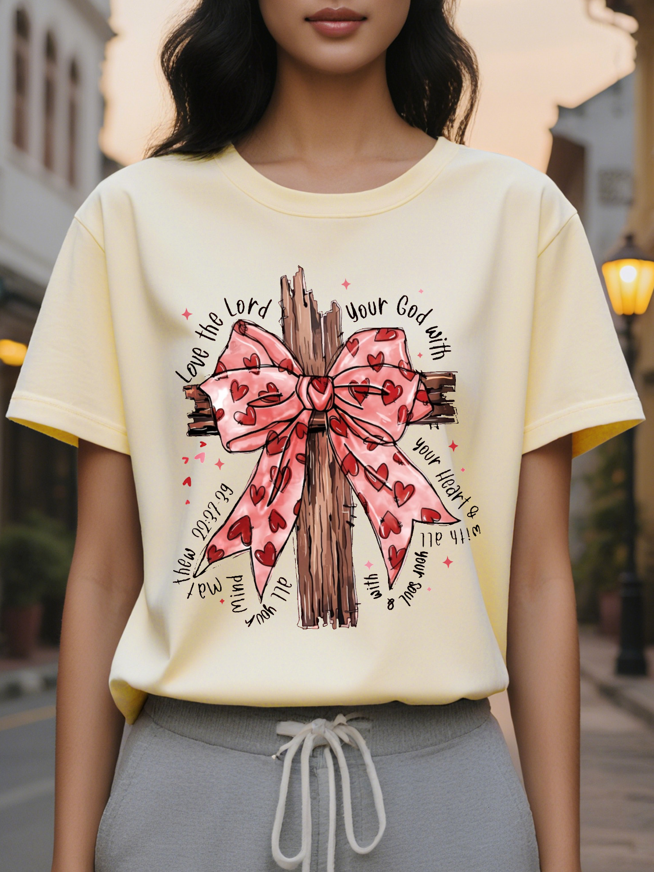 Large XL Religious Faith Women's Short Sleeve T-Shirt Love Jesus Bowtie Bible Verse Best Gift for Her SpringSummer Fit Round Plus size