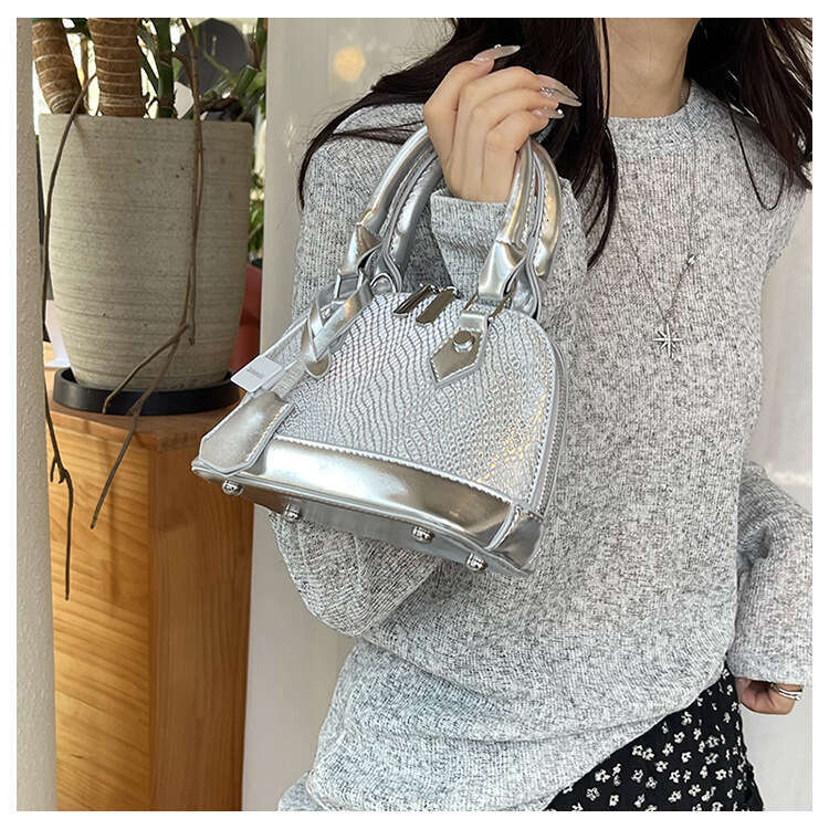 DHEssentials 2025 Women's Shelled PU Bag, Silver Tones, Zipper Top, Slim Design, Crossbody/Handheld, Summer Statement