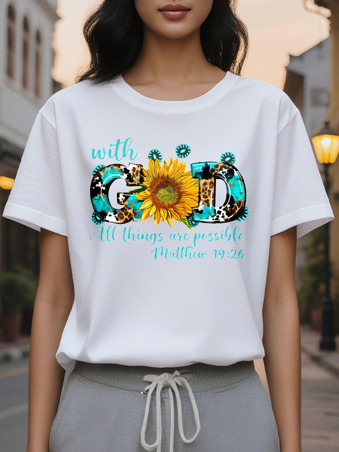Women s Inspirational God All Things Possible Matthew T-Shirt Black Soft Stretch Casual Summer Tee with Sweat