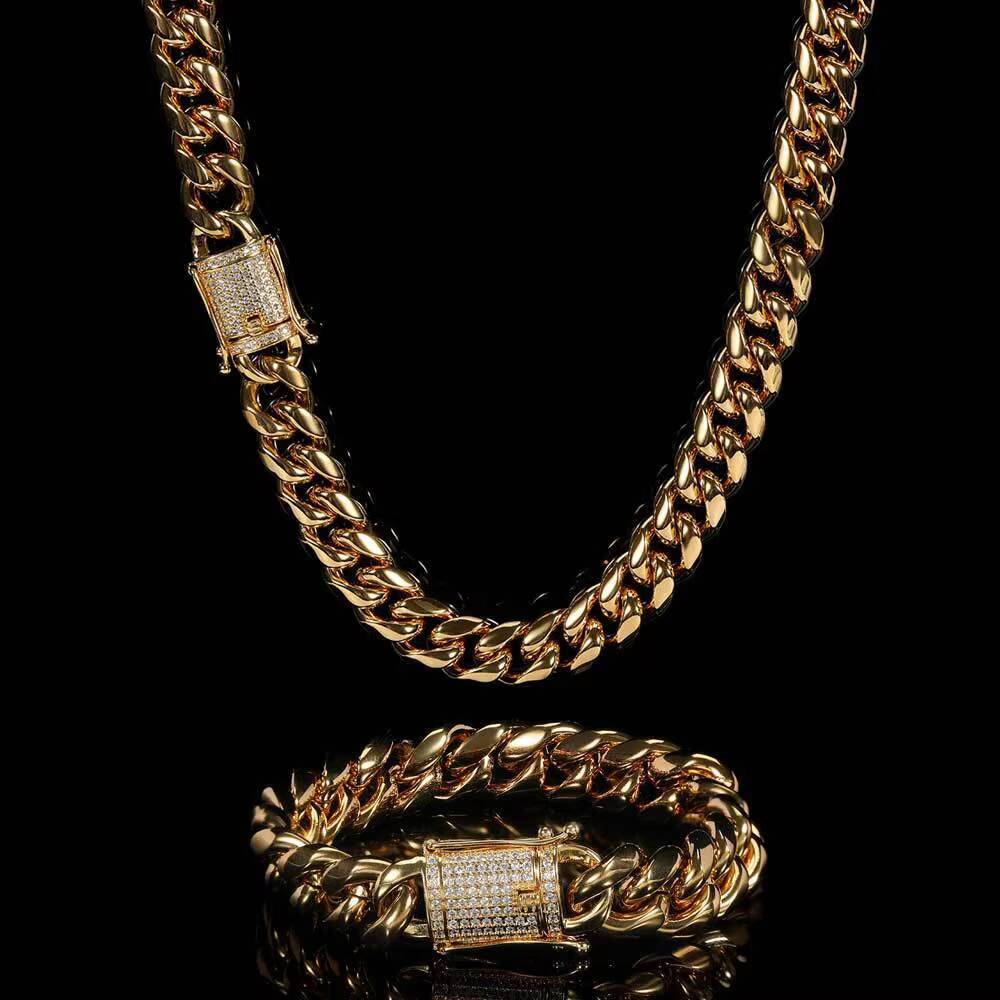 Hot Selling 12mm DiamondEncrusted Buckle Stainless Steel Necklace Bracelet with GoldPlated Cuban Link Chain Ground Encryption