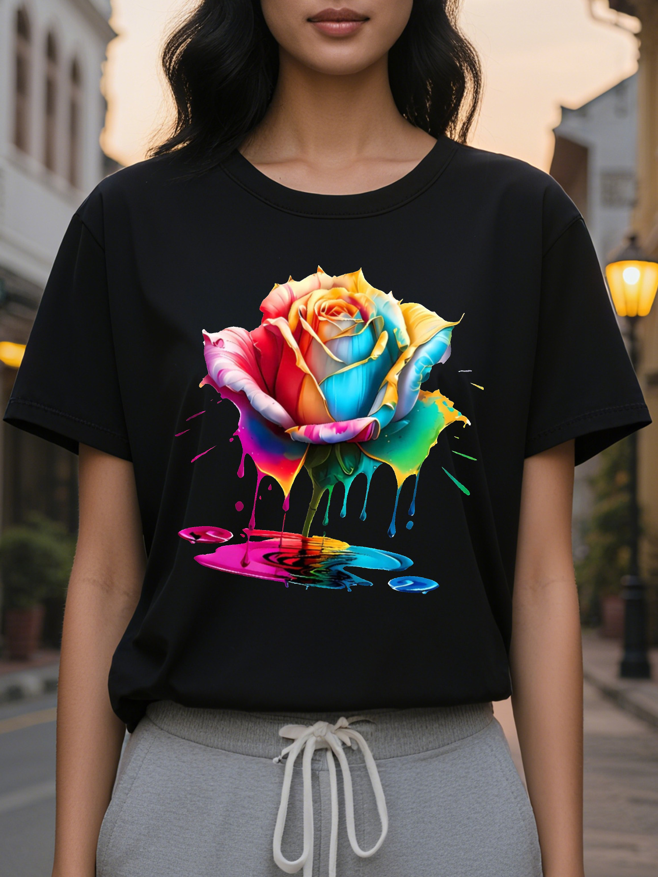 Relaxed Fit Cotton Women s Casual Floral Print T Shirt, Washable, Round Neck, Spring/Summer