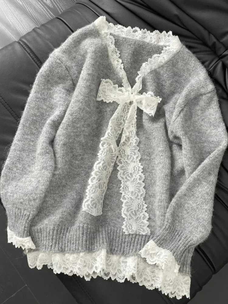 Y2K Korean Thin Bow Knitted Pullover Female Sweet Lace Japanese Loose Sweater Office Lady Autumn Winter Oversized Y2k Outfits M250904
