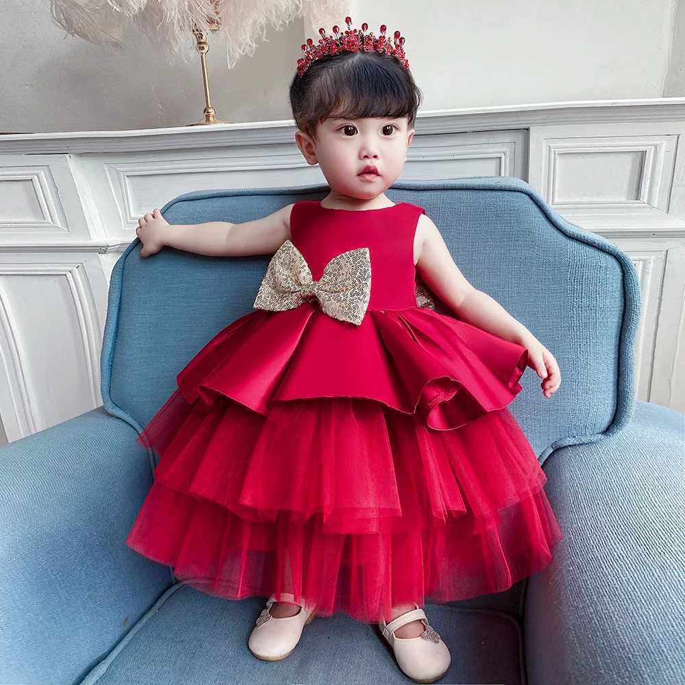 2024 Summer Sequin Big Bow Baby Girl Dress 1st First Birthday Party Wedding Dress For Girl Princess Evening Dresses Kid Clothes Z250904