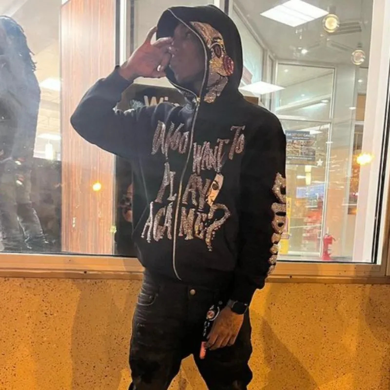 Men Y2K Fashion Hoodie Letter Pattern Rhinestones Clothes Hoodies Goth Grunge Long Sleeve Women Sweatshirt Oversized Tops 250904