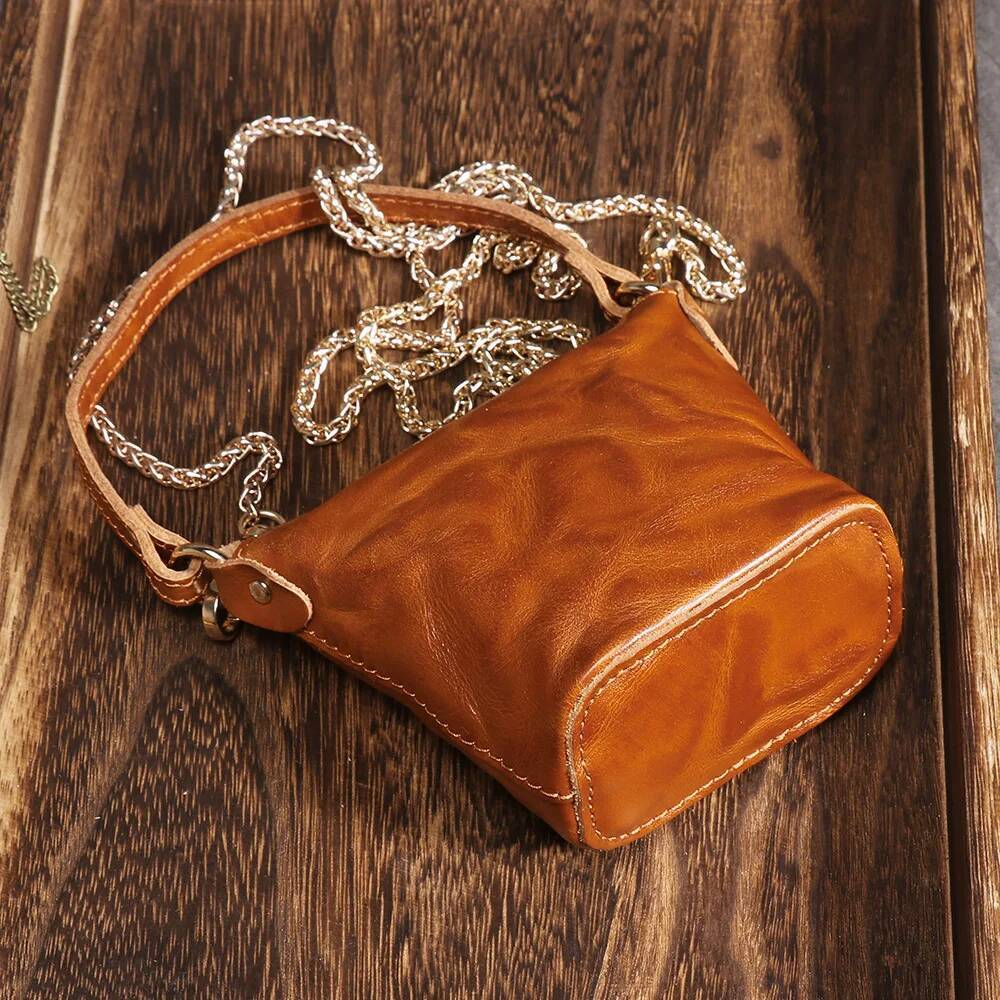 LUOKIR Genuine Leather Women's Chain Crossbody Vintage Handheld Shoulder Headphone Bag Top Layer Cowhide Coin Purse