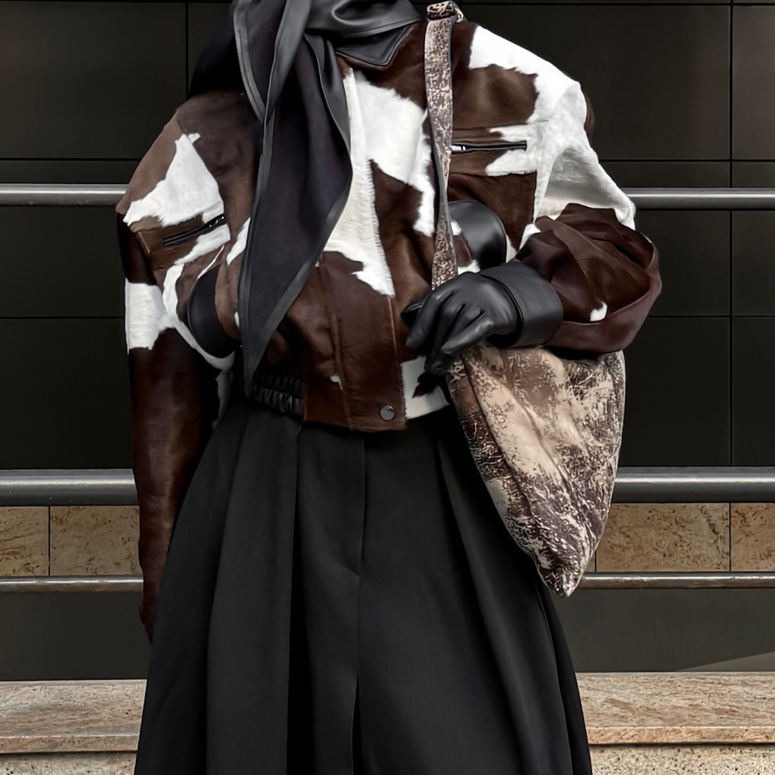 American Street Style Design Cow Pattern Leather Niche Hoodless Versatile Short Jacket Womens Trendy Fashion