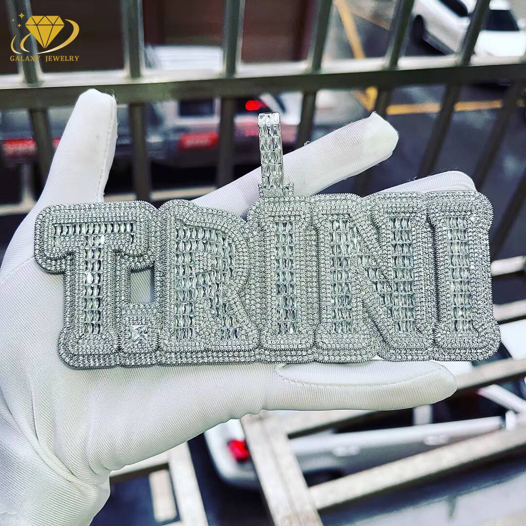 Hip Hop Big Pendant Men Iced Out Jewelry 925 Sterling Silver Baguette Diamond Custom Letter Moissanite Pendant Necklace