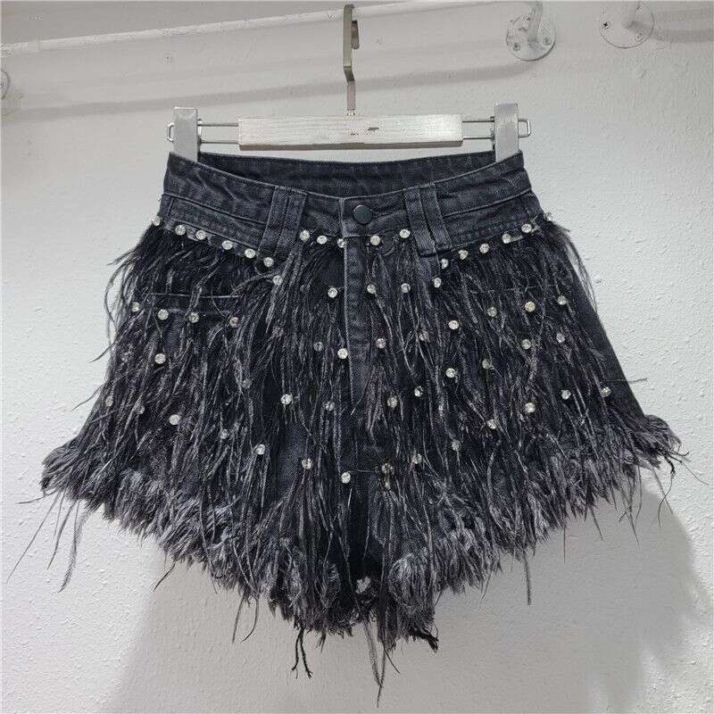 Women's Clothing New Heavy Dia Ostrich Feather Design Slim Tassel Fashionable Versatile Denim Shorts