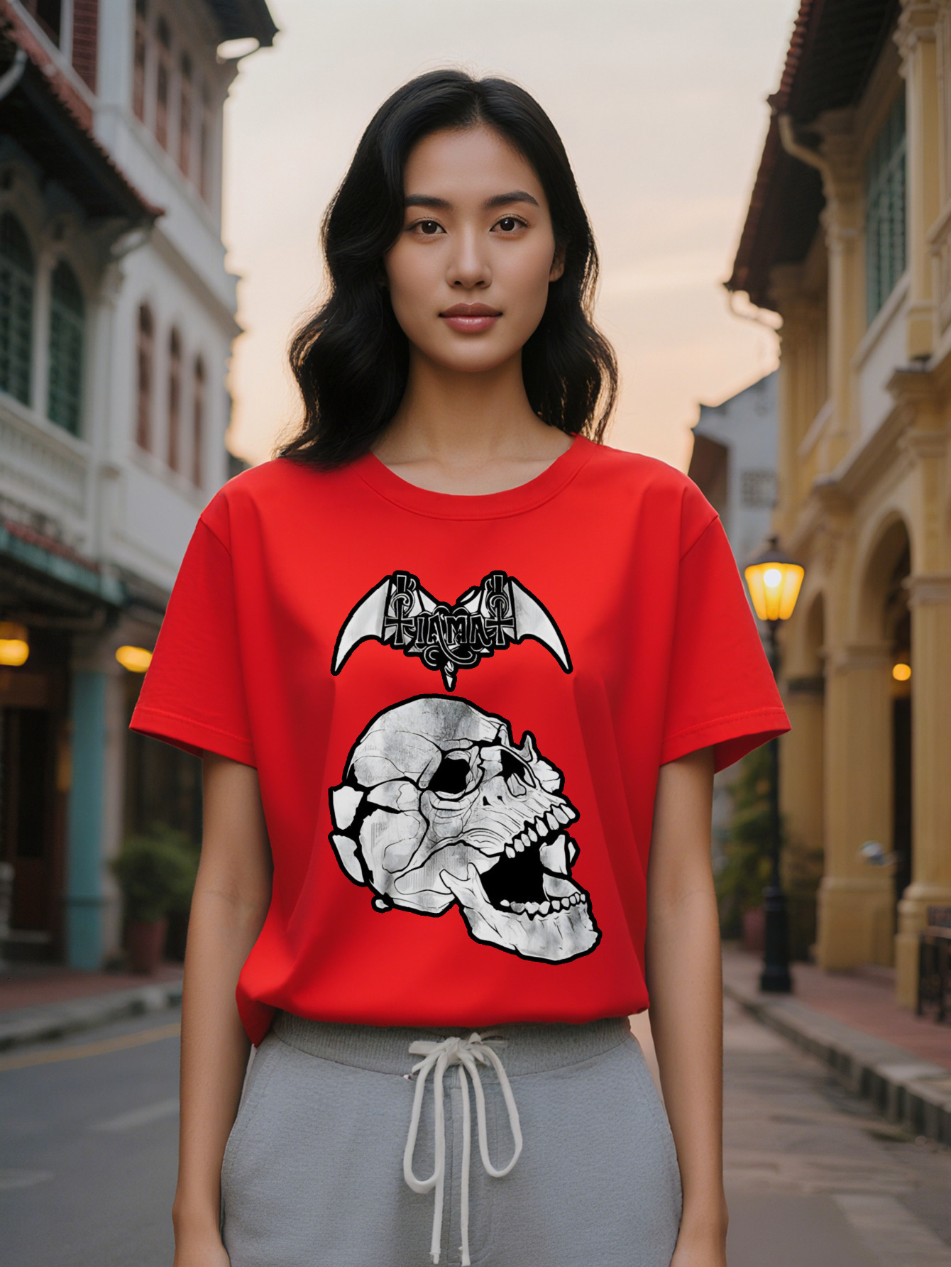 Large XL Lady Skull Bat Wing Graphic Print Casual T-Shirt Black Round Neck Summer Top Washable Regular Fit Tee for Plus Size