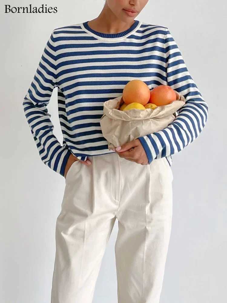 Bornladies Knitted Stripe Sweater Women 2025 Autumn Winter Loose Casual Thick Pullovers Female Warm Longsleeved Round Neck Tops M250904